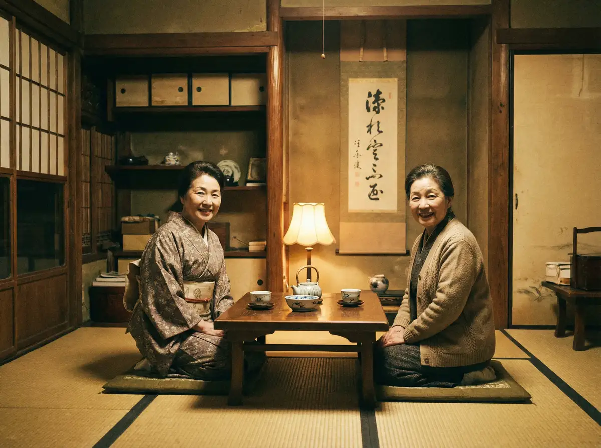 两位优雅的 黑料不 在日式茶室中品茶交谈
